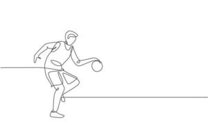 um único desenho de linha do jovem jogador de basquete enérgico treinar na ilustração vetorial gráfico do tribunal. conceito de competição esportiva. design moderno de desenho de linha contínua para cartaz de torneio de basquete