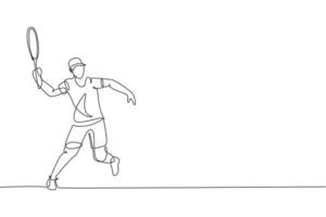uma única linha de desenho jovem enérgico tenista bateu a ilustração em vetor gráfico de bola. conceito de treinamento esportivo. design moderno de desenho de linha contínua para banner e pôster de torneio de tênis