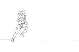 um único desenho de linha de corredor jovem energético executar relaxar ilustração gráfica vetorial. esportes individuais, conceito de treinamento. design moderno de desenho de linha contínua para banner de competição em execução vetor