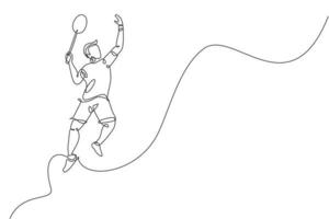 único desenho de linha contínua jovem ágil jogador de badminton pulando smash peteca. conceito de esporte competitivo. ilustração em vetor gráfico de desenho de uma linha para publicação de torneio de badminton