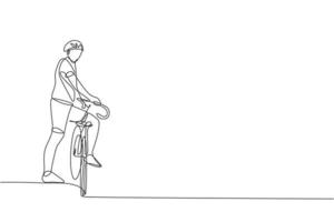 único desenho de linha contínua de jovem ciclista ágil esperando por um amigo na beira da estrada. conceito de estilo de vida esportivo. ilustração vetorial de design de desenho de uma linha na moda para mídia de promoção de corrida de ciclismo vetor
