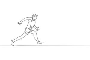 um desenho de linha contínua do foco do jovem corredor desportivo correndo na pista de corrida. conceito de esporte de atividade de saúde. ilustração em vetor de desenho de linha única dinâmica para cartaz de promoção de evento em execução