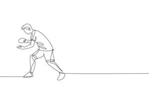 único desenho de linha contínua do jovem jogador de tênis de mesa ágil faz serviço de bola. conceito de exercício esportivo. ilustração vetorial de design de desenho de linha na moda para mídia de promoção de torneio de pingue-pongue vetor