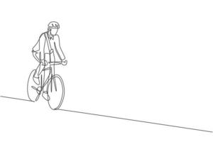 única linha contínua desenhando jovem empresário profissional andando de bicicleta para sua empresa. bicicleta para o trabalho, conceito de transporte ecológico. ilustração em vetor gráfico de design de desenho de uma linha na moda