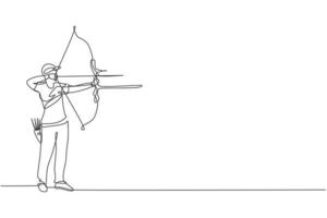 um desenho de linha contínua do jovem arqueiro puxando o arco para atirar em um alvo de tiro com arco. treinamento esportivo de tiro com arco e conceito de exercício. ilustração em vetor gráfico de desenho de linha única dinâmica