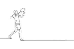 um desenho de linha contínua do jovem jogador de badminton pronto para bater a peteca com a raquete. conceito de esporte. ilustração vetorial de desenho de linha única dinâmica para cartaz de promoção de partida de torneio vetor