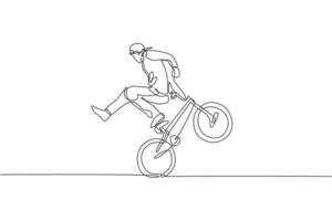 único desenho de linha contínua do jovem ciclista bmx mostra um truque extremamente arriscado no skatepark. conceito de estilo livre bmx. ilustração vetorial de design de desenho de uma linha na moda para mídia de promoção de estilo livre vetor