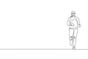 uma única linha de desenho jovem corredor enérgico correr relaxar na ilustração gráfica de vetor de estrada da cidade de rua. conceito de treinamento esportivo saudável. design moderno de desenho de linha contínua para banner de corrida de corrida