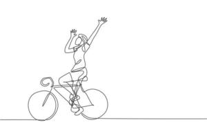 única linha contínua desenho jovem ciclista ágil levanta as mãos para comemorar uma vitória. conceito de estilo de vida esportivo. ilustração em vetor gráfico de desenho de uma linha para mídia de promoção de corrida de ciclismo