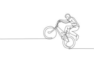 único desenho de linha contínua do jovem ciclista bmx mostra um truque extremamente arriscado no skatepark. conceito de estilo livre bmx. ilustração vetorial de design de desenho de uma linha na moda para mídia de promoção de estilo livre vetor