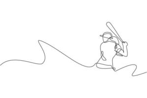 única linha contínua desenho prática jovem ágil jogador de beisebol para acertar a bola. conceito de exercício esportivo. ilustração em vetor gráfico de design de desenho de linha na moda para mídia de promoção de beisebol