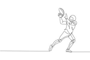 uma linha contínua desenhando o jovem jogador de futebol americano pega a bola de seu companheiro de equipe para o pôster da competição. conceito de trabalho em equipe de esporte. ilustração em vetor gráfico de desenho de linha única dinâmica