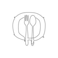 um único desenho de linha de prato, garfo e colher para ilustração gráfica de vetor de logotipo de restaurante. conceito de distintivo de café de luxo. logotipo de comida de rua de design de desenho de linha contínua moderno