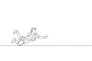 único desenho de linha contínua do jovem jogador de rugby ágil pulando para pegar a bola. conceito de esporte competitivo. ilustração vetorial de design de desenho de uma linha na moda para mídia de promoção de torneio de rugby vetor