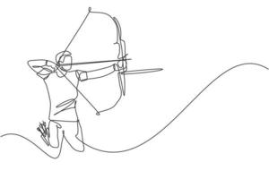 único desenho de linha contínua do jovem arqueiro profissional foco em pé e mirando o alvo de tiro com arco. exercício de esporte de tiro com arco com o conceito de arco. ilustração em vetor design de desenho de uma linha na moda