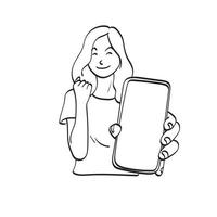 mulher de metade do comprimento mostrando smartphone com ilustração de tela em branco mão desenhada isolado na arte de linha de fundo branco. vetor