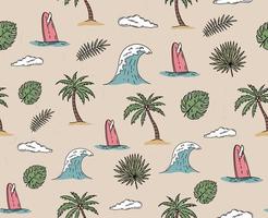 onda, oceano, prancha de surf, palmeiras, folhas, monstera, ilustração desenhada à mão, vetor. vetor