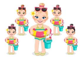 garota de praia nas férias de verão. crianças segurando o vetor de design de personagem de desenho animado de anel de borracha