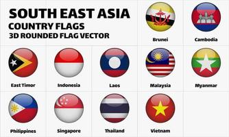 bandeiras do país do sudeste asiático 3d vetor arredondado