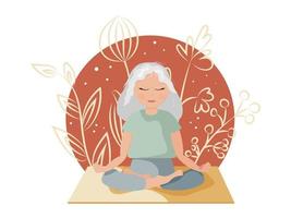 dia internacional da ioga ilustração plana desenhada à mão no estilo boho. uma linda garota está sentada em uma posição de lótus em silhuetas de plantas tropicais. vetor