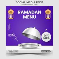 cardápio culinário ou gastronômico. Modelo de postagem de mídia social do menu iftar do ramadã. vetor