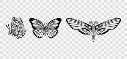 borboleta. conjunto de ícones de silhueta de borboletas de primavera. esculpir coleção. borboleta de estêncil, vaga-lumes, asas de mariposa, insetos voadores isolados em fundo transparente vetor