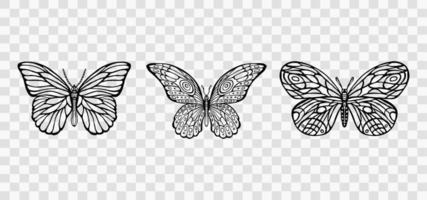borboleta. conjunto de ícones de silhueta de borboletas de primavera. esculpir coleção. borboleta de estêncil, vaga-lumes, asas de mariposa, insetos voadores isolados em fundo transparente vetor eps 10