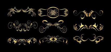 conjunto de divisores de ouro. cabeçalhos encaracolados abstratos, conjunto de elementos de design. elementos de design dourado sobre fundo preto. estilo de luxo caligráfico