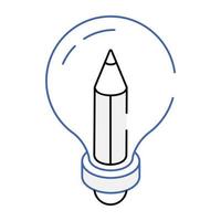 lápis dentro da lâmpada, ícone isométrico de contorno de escrita criativa vetor