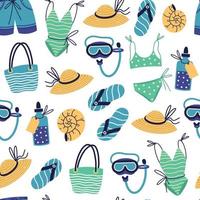 padrão de vetor sem costura de roupas e acessórios de férias de praia. atributos de férias no mar - maiô, calção de banho, chinelos, chapéu, máscara de mergulho, protetor solar. estilo de desenho animado plano