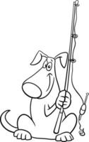 cão de desenho animado com vara de pescar página do livro para colorir vetor