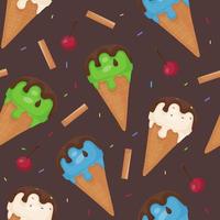 padrão de vetor sem costura de sorvete. bolas de cores diferentes de sorvete derretido em um cone de waffle. chocolate amargo, canudos, cerejas, biscoitos e granulado doce
