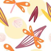 libélula bonitinha, dente de leão e folhas sem costura padrão. arte ingênua. padrão de impressão de insetos voadores. vetor