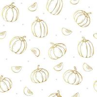 linhas douradas desenho à mão frutas e pedaços de abóbora fofos, ilustração em vetor padrão sem emenda.