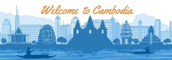 Camboja famoso estilo de silhueta de marco atrás do rio e barco e na frente de torres vetor