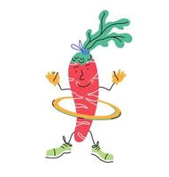 personagem de desenho animado de cenoura bonito fazendo treino de esporte, ilustração vetorial isolada no fundo branco. imagem vegetal de fantasia para estilo de vida saudável e conceito de fitness.