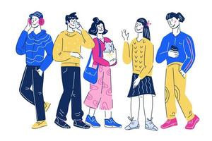 dia da juventude e conceito de amizade com personagens de desenhos animados de jovens, homens e mulheres. meninos e meninas vestidos na moda alegres, estudantes ou amigos. desenho ilustração vetorial isolado. vetor