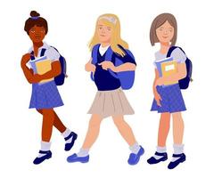 diversas meninas ou alunos da escola, caucasianos e negros ou afro-americanos, indo para a escola ilustração vetorial plana isolada no fundo branco. volta para a temporada de outono da escola e diversidade de crianças. vetor