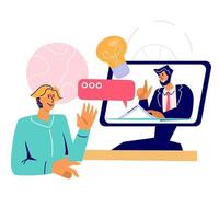 conceito de conferência de negócios online com homem na área de trabalho conversando com colega online via computador. empresário usando computador para reunião virtual, vetor de desenho animado isolado.