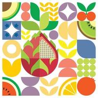 cartaz de arte de frutas frescas de verão geométrico com formas simples coloridas. design de padrão de vetor abstrato plano estilo escandinavo. ilustração minimalista de uma fruta do dragão branco sobre um fundo branco.