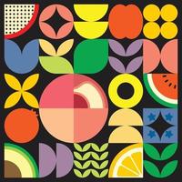 cartaz de arte de corte de frutas frescas de verão geométrico com formas simples coloridas. design de padrão de vetor abstrato plano estilo escandinavo. ilustração minimalista de um pêssego rosa em um fundo preto.