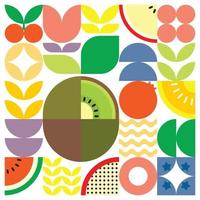cartaz de arte de corte de frutas frescas de verão geométrico com formas simples coloridas. design de padrão de vetor abstrato plano estilo escandinavo. ilustração minimalista de um kiwi verde sobre um fundo branco.