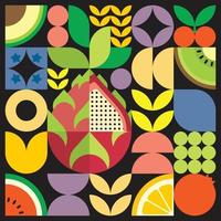 cartaz de arte de frutas frescas de verão geométrico com formas simples coloridas. design de padrão de vetor abstrato plano estilo escandinavo. ilustração minimalista de uma fruta do dragão branco em um fundo preto.