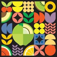 cartaz de arte de corte de frutas frescas de verão geométrico com formas simples coloridas. design de padrão de vetor abstrato plano estilo escandinavo. ilustração minimalista de um coco em um fundo preto.