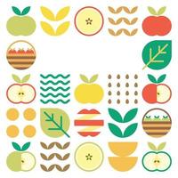 arte abstrata do quadro de maçã. design ilustração de padrão de maçã colorida, folhas e símbolos geométricos em estilo minimalista. frutas inteiras, cortadas e partidas. vetor plano simples em um fundo branco.
