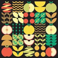 arte abstrata de ícone de maçã. design ilustração de padrão de maçã colorida, folhas e símbolos geométricos em estilo minimalista. frutas inteiras, cortadas e partidas. vetor plano simples em um fundo preto.