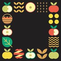 arte abstrata do quadro de maçã. design ilustração de padrão de maçã colorida, folhas e símbolos geométricos em estilo minimalista. frutas inteiras, cortadas e partidas. vetor plano simples em um fundo preto.