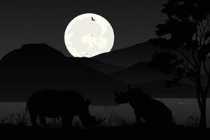 gráfico de silhueta de rinoceronte e lua bonito vetor