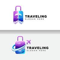 logotipo de viagem de mala colorida, modelo de vetor de design de logotipo de férias de avião