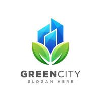 logotipo de folha verde da cidade, construção da natureza com modelo de vetor de logotipo de folha